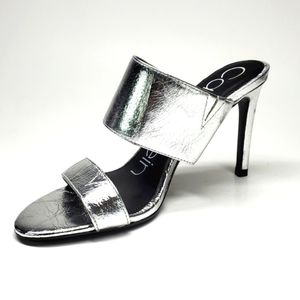 Calvin Klein Rema Metallic Silver Slides Wide Leather Straped Heels